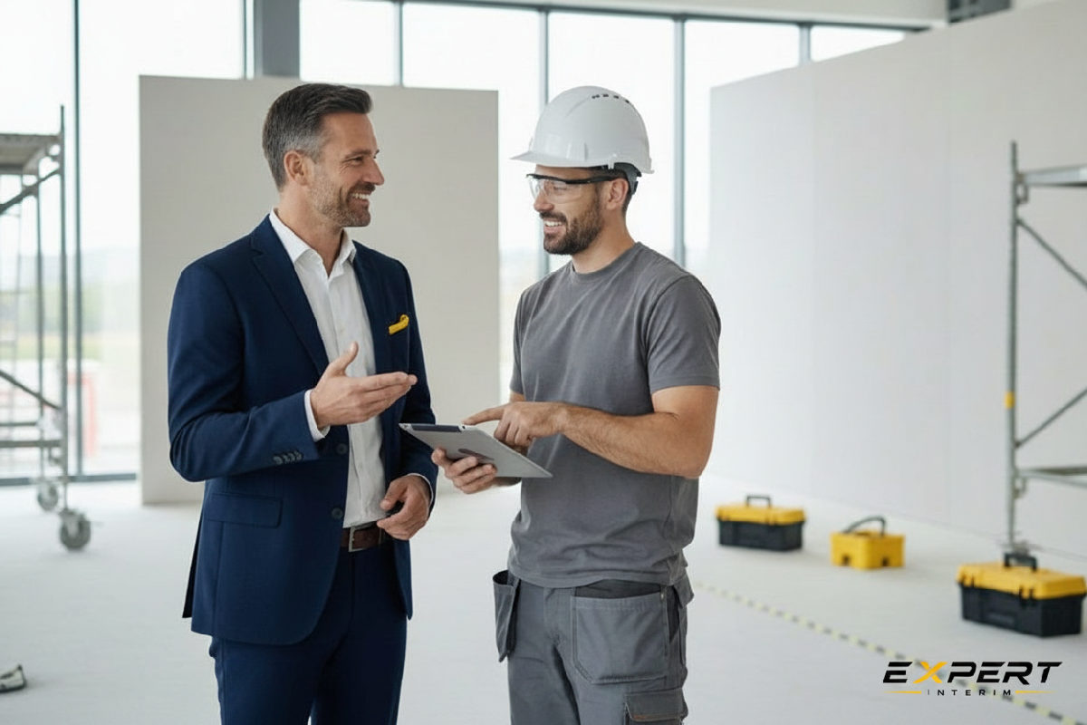 Manager satisfait discutant avec un intérimaire sur un site sécurisé.