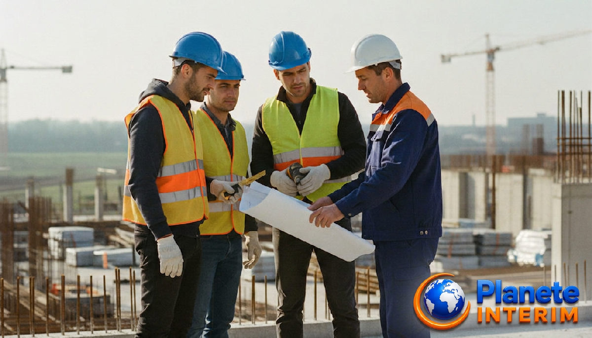 Travailleurs roumains qualifiés sur un chantier français, portant des EPI.