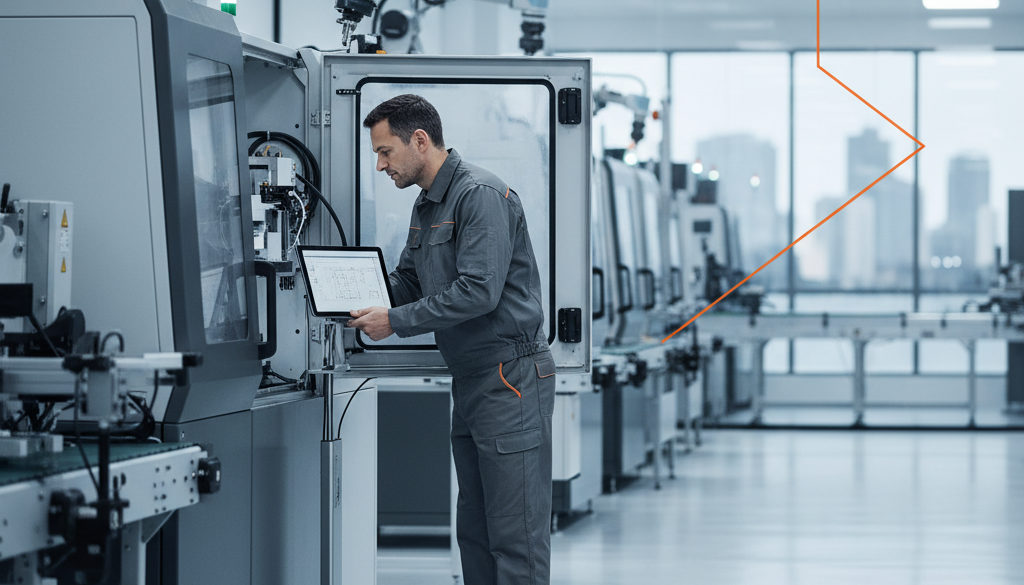 Un technicien de maintenance spécialisé, recruté via une agence de recrutement franco-roumain, intervenant sur une machine automatisée dans une usine moderne.