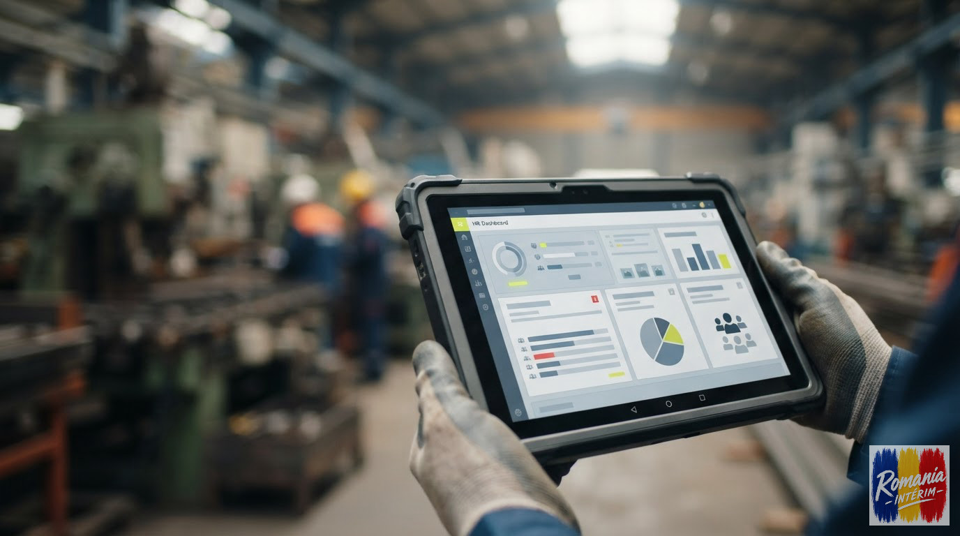 Tablette numérique affichant le tableau de bord RH d'une équipe internationale en usine.