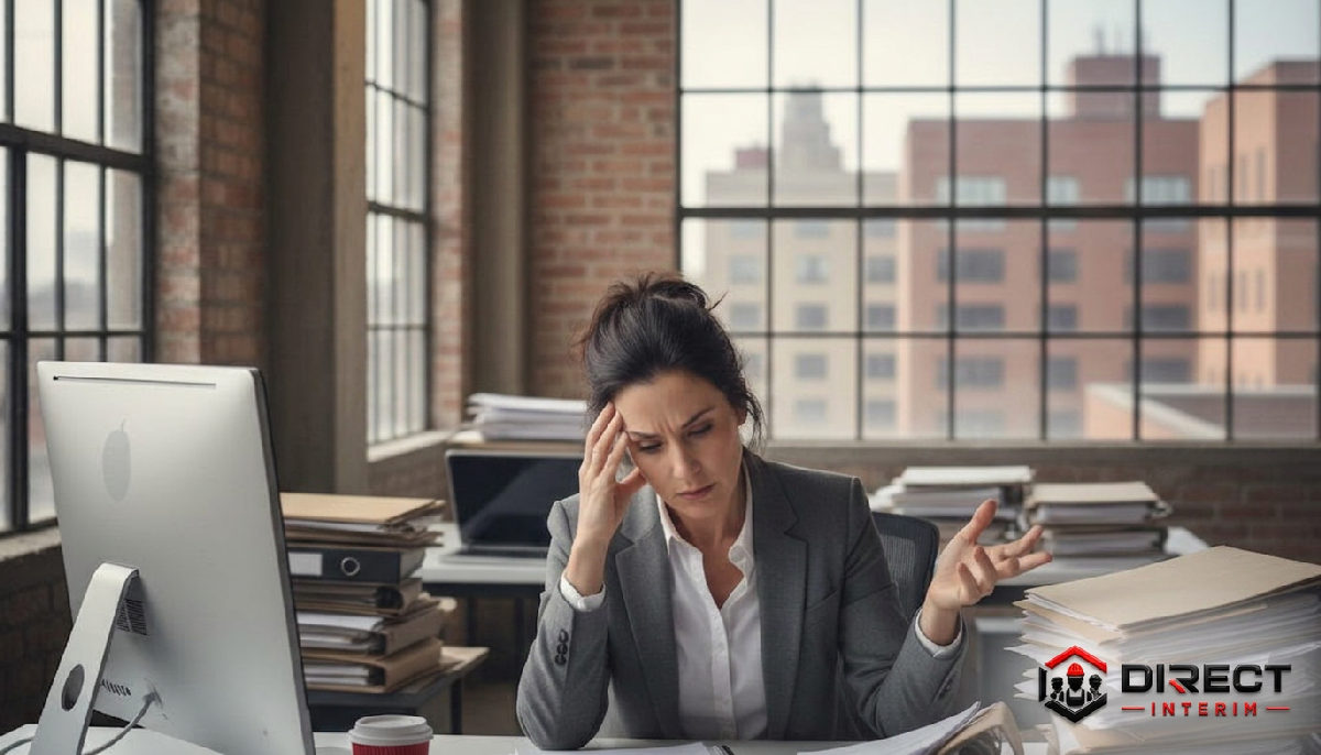 support continu intérimaires - Un manager stressé face à des documents dans un bureau industriel.