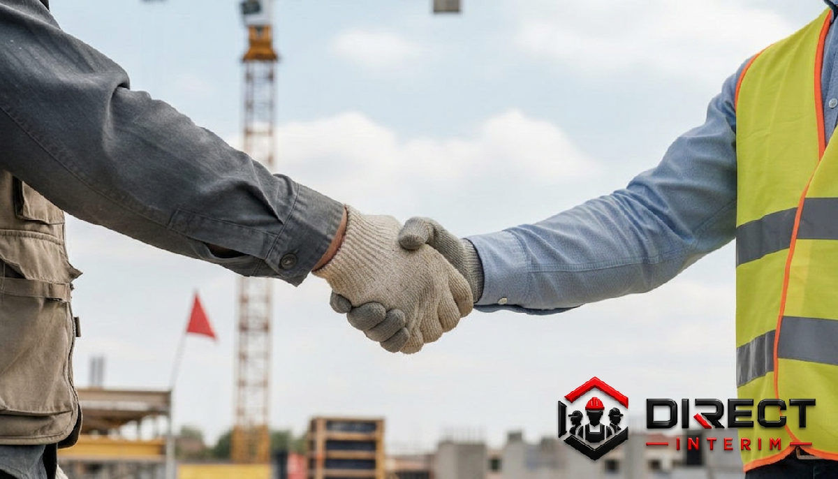 Poignée de main ferme entre un entrepreneur et un manager sur un chantier.