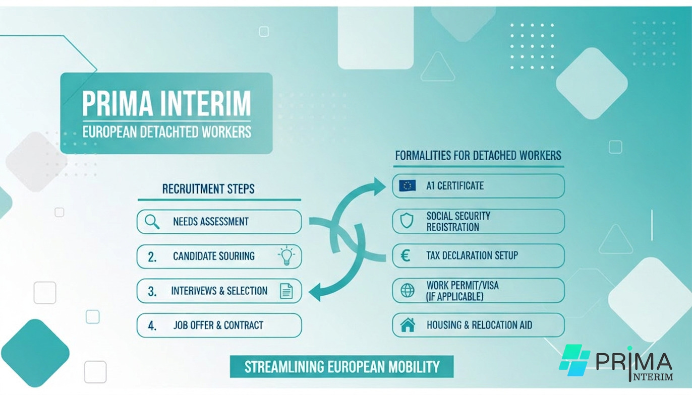 Infographie des démarches administratives pour travailleurs détachés en Europe.