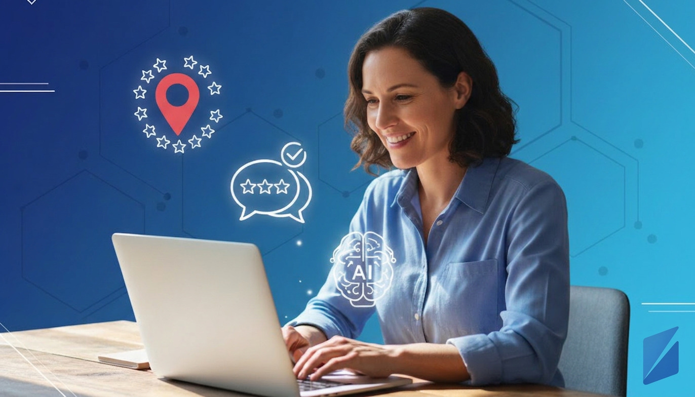 Dueño de pequeña empresa utiliza IA para SEO local en una computadora portátil.
