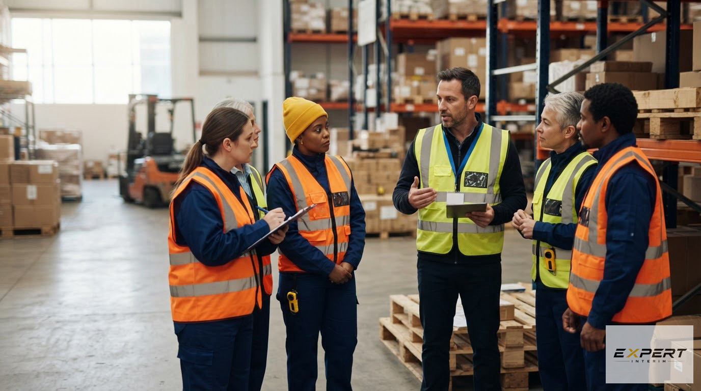 Travailleurs en gilets haute visibilité lors d'un briefing matinal en entrepôt.