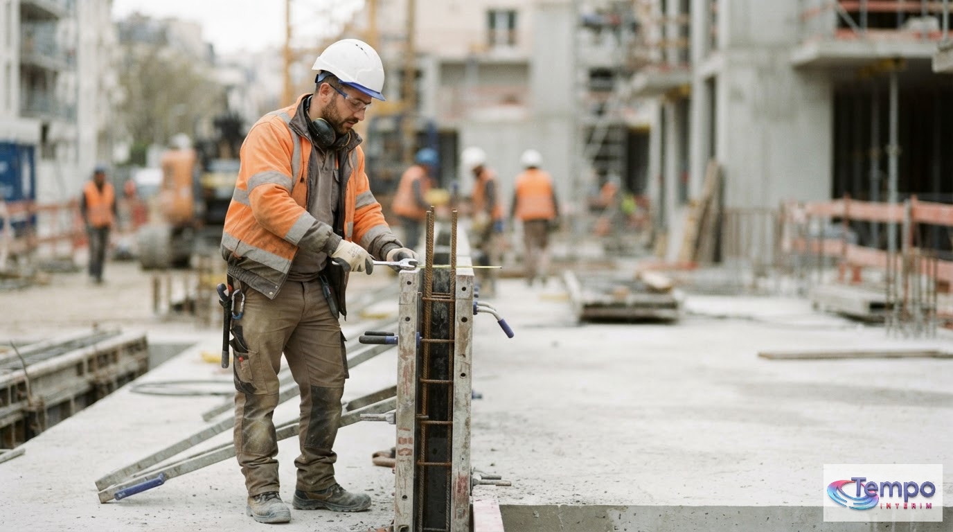 Un ouvrier roumain qualifié en équipement de sécurité sur un chantier français.