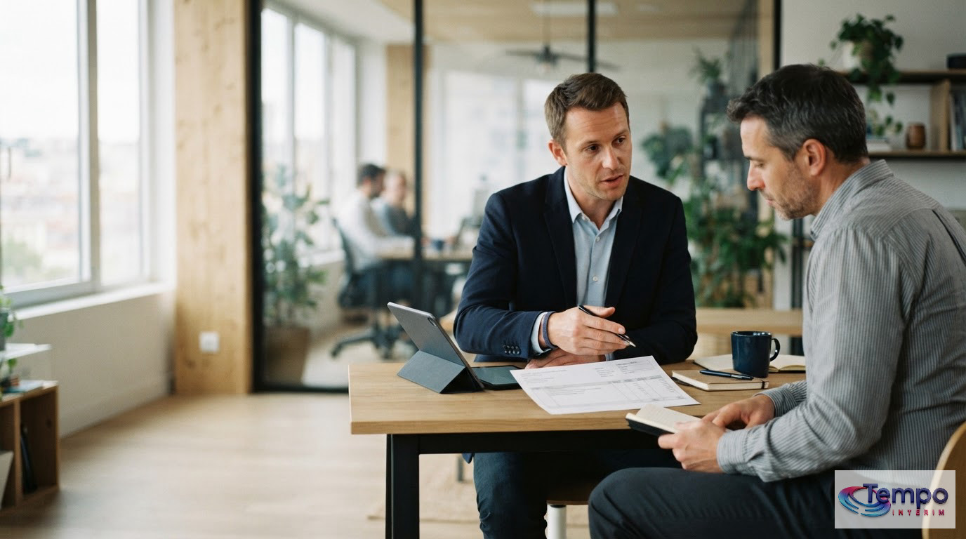 Un consultant expliquant une fiche de paie à un client dans un bureau.