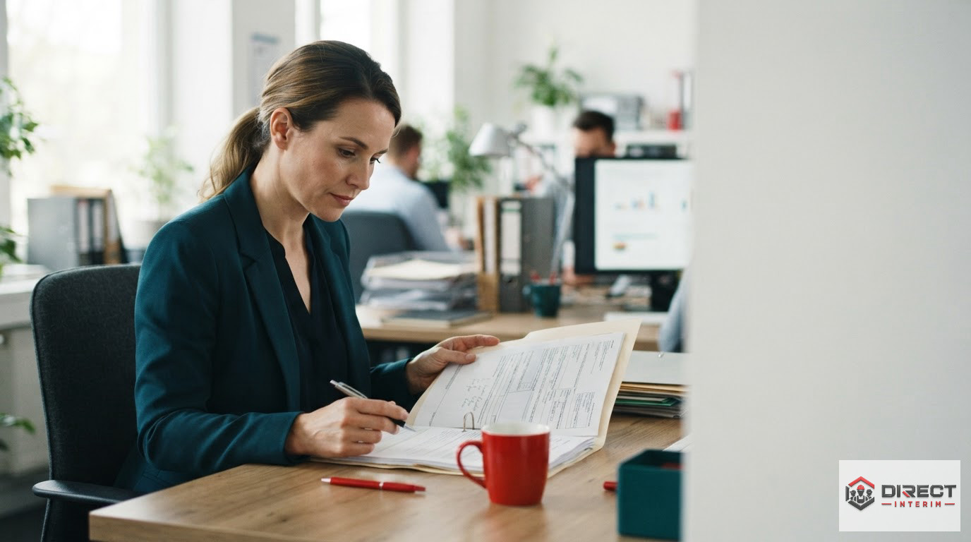 Un gestionnaire vérifiant des documents administratifs dans un bureau professionnel.