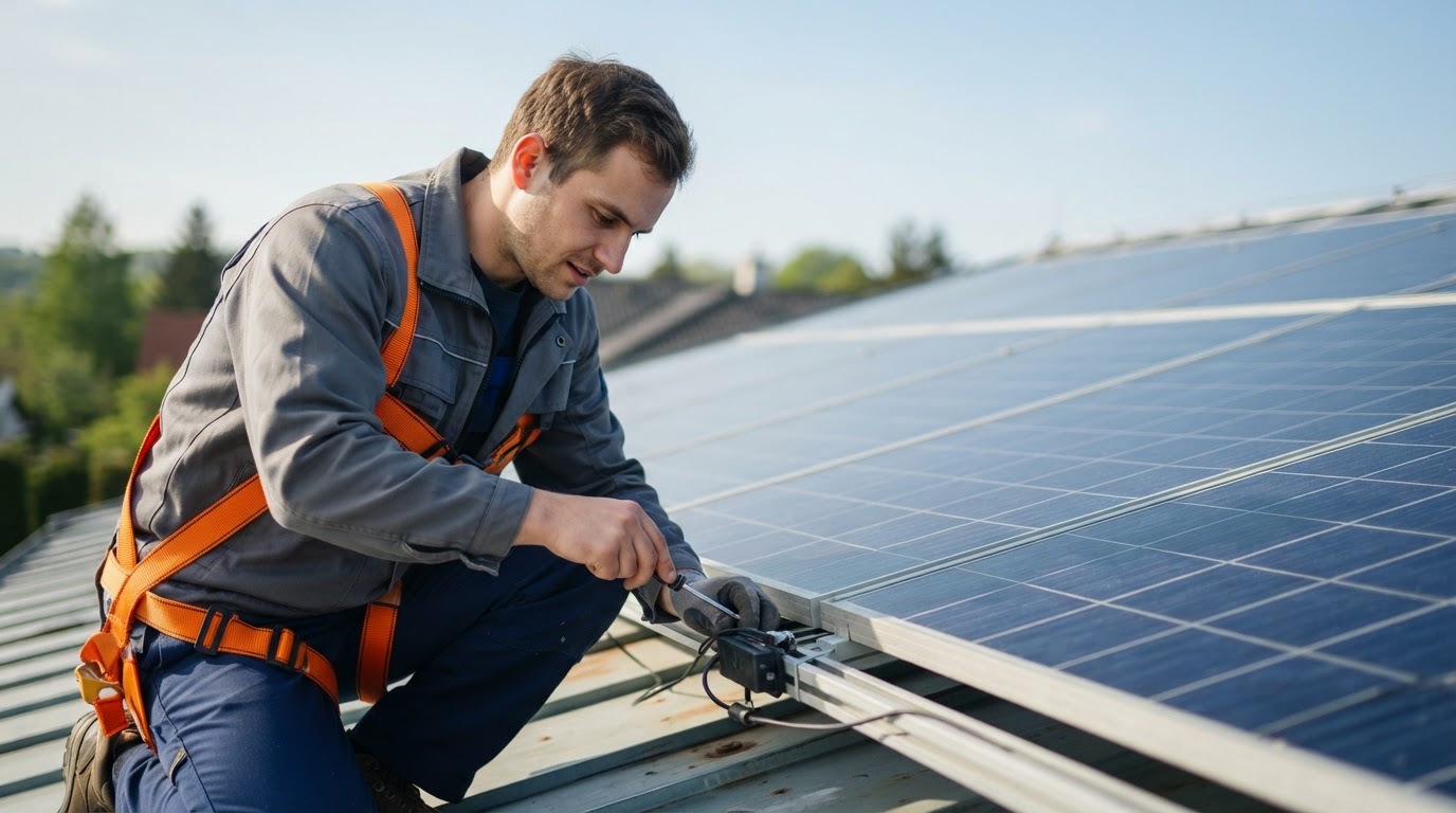Odborník provádějící servisní kontrolu na moderní solární elektrárně.