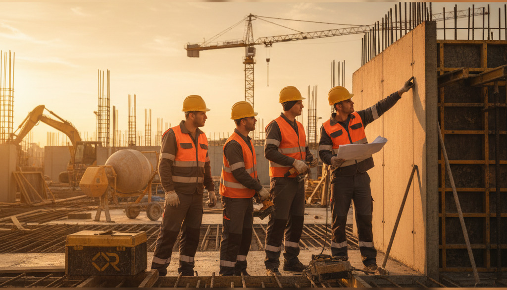 Groupe d'ouvriers roumains au travail sur un site.