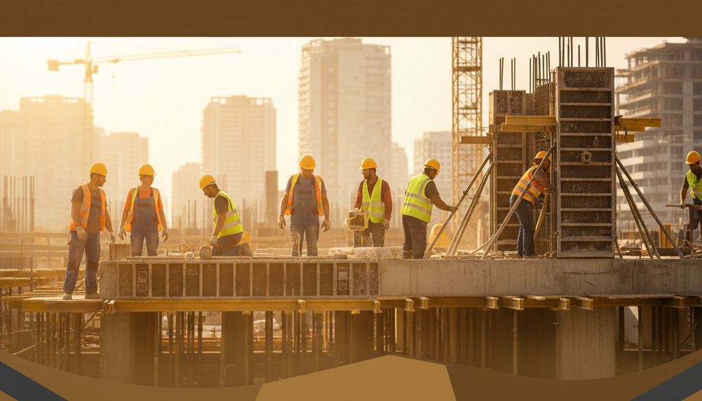 Bâtiment en construction avec des ouvriers roumains actifs.