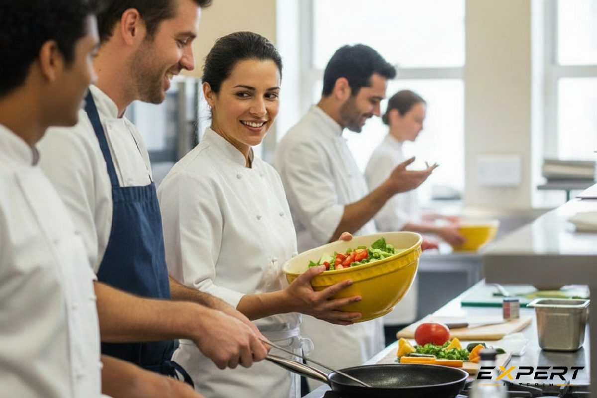 Équipe de cuisine collaborative en pleine effervescence.