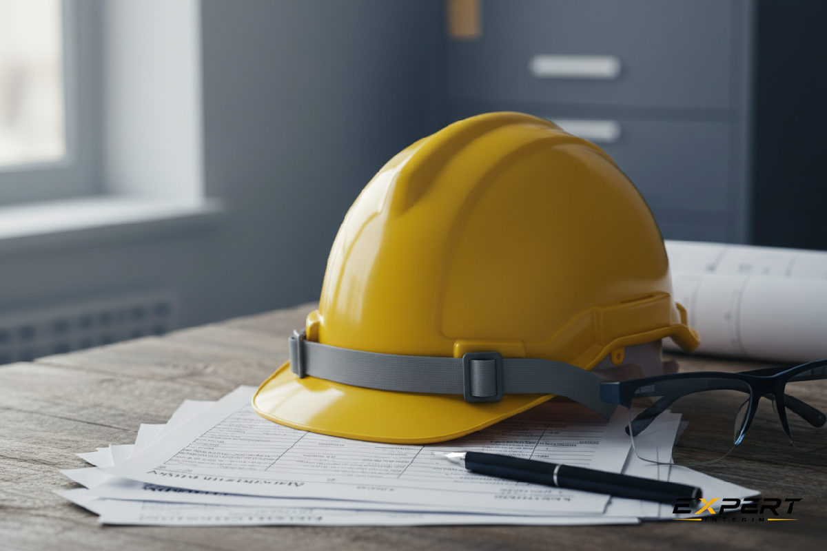Documents de paie et casque de chantier symbolisant la gestion RH.