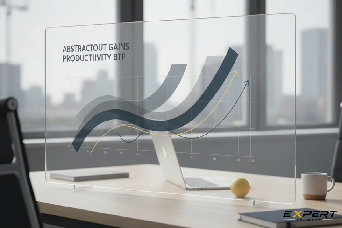Bureau RH moderne avec graphiques de gains de productivité BTP.