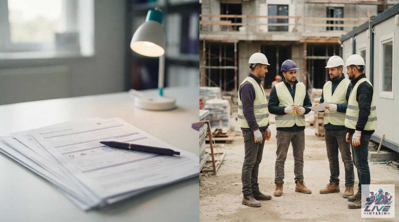 Un formulaire d'assurance à côté d'ouvriers sur un chantier sécurisé.