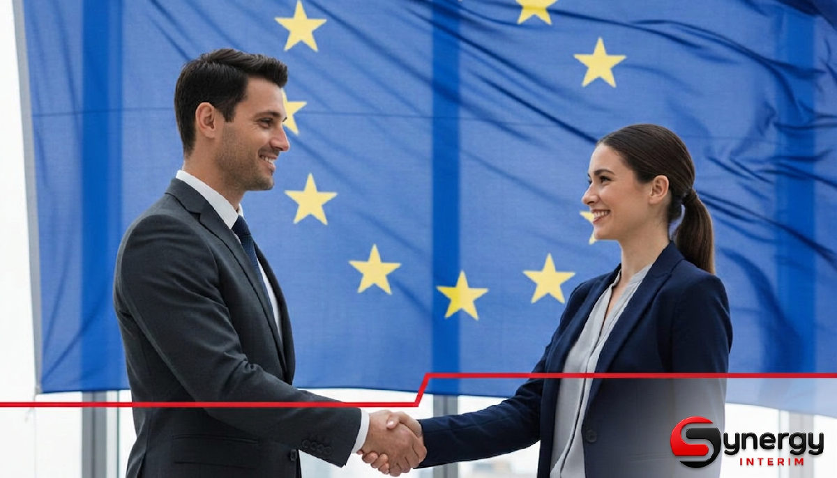 Optimiser le recrutement international : Le guide complet pour les entreprises françaises 2 Poignée de main devant le drapeau européen: recrutement réussi.