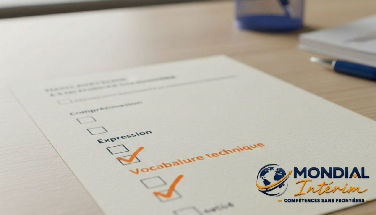 Fiche d'évaluation de niveau de langue française sur un bureau.