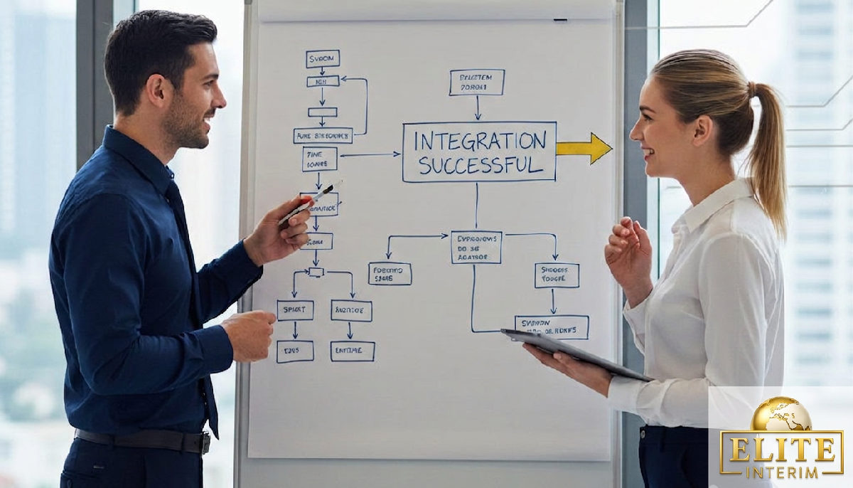 Professionnels IT discutant de schémas système sur un tableau blanc.