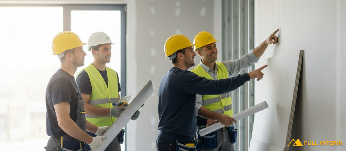 Plaquistes roumains et français travaillant ensemble sur chantier.