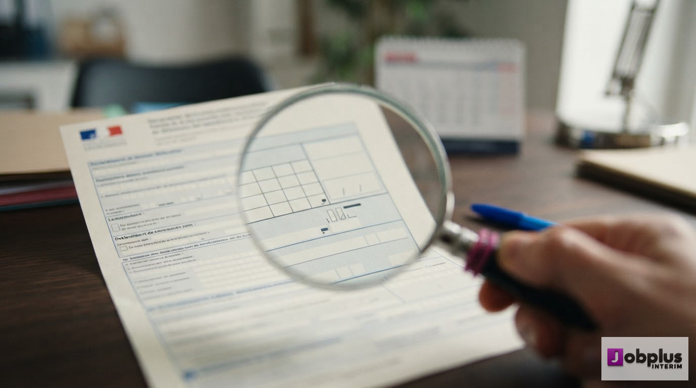 Une loupe examine les zones critiques d'un formulaire de déclaration SIPSI.