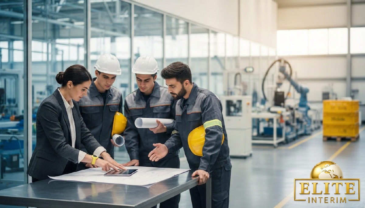 elite interim - Des intérimaires motivés avec un chef de projet dans une usine moderne.