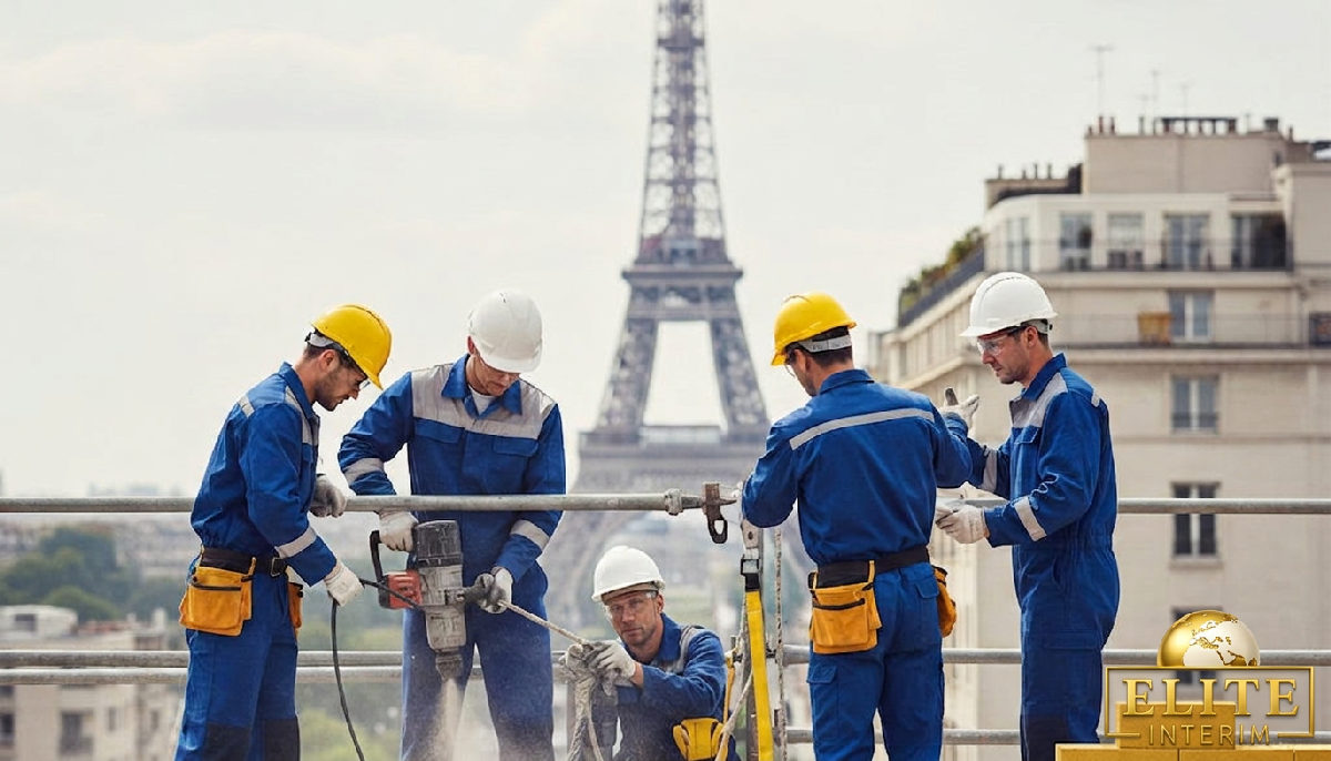 Conducteurs roumains qualifiés sur un chantier français avec équipement de sécurité.