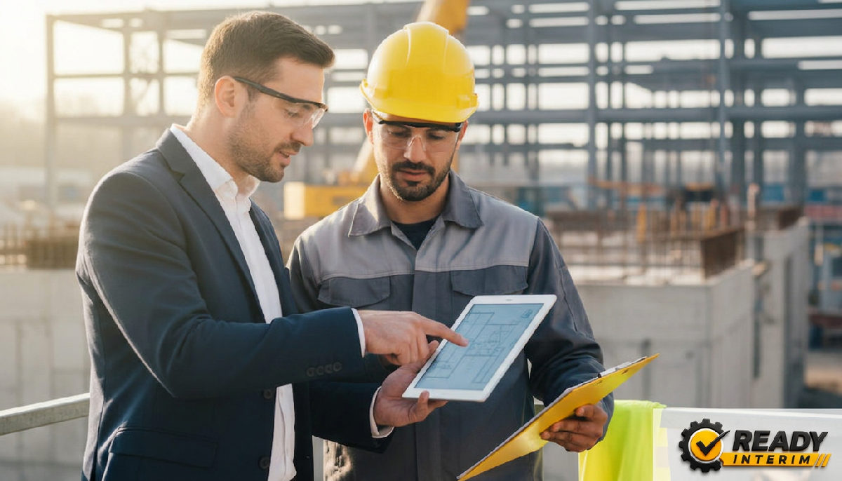 Manager français et chef d'équipe roumain examinant des plans sur tablette.