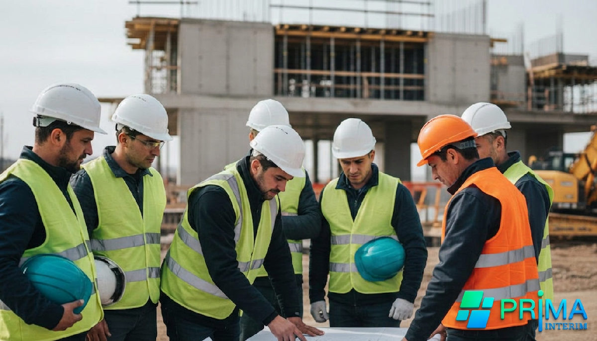 Briefing de sécurité sur chantier : ouvriers roumains et chef français partagent les consignes.