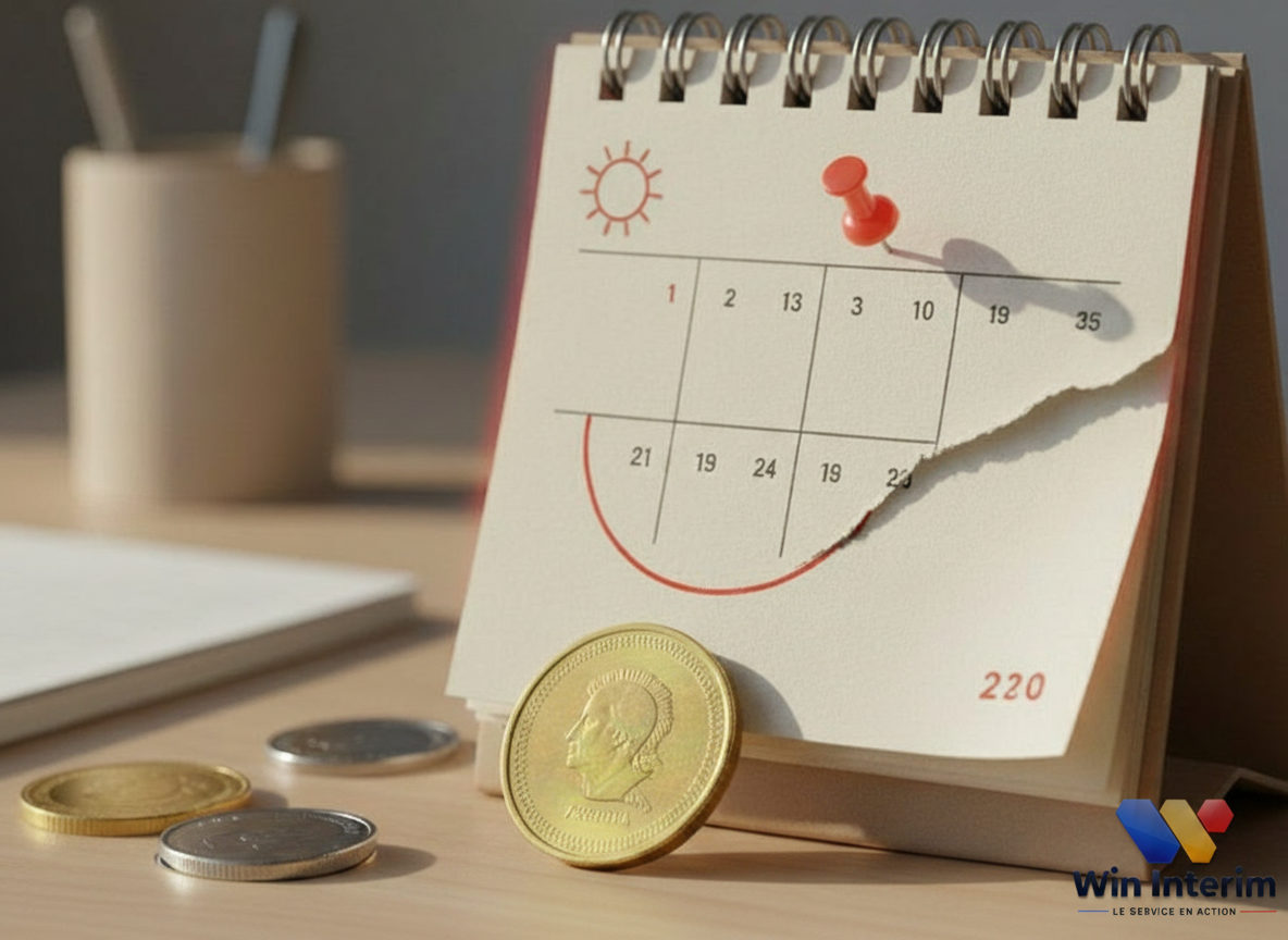 Calendrier et pièces symbolisant le paiement de l'indemnité de fin de mission.