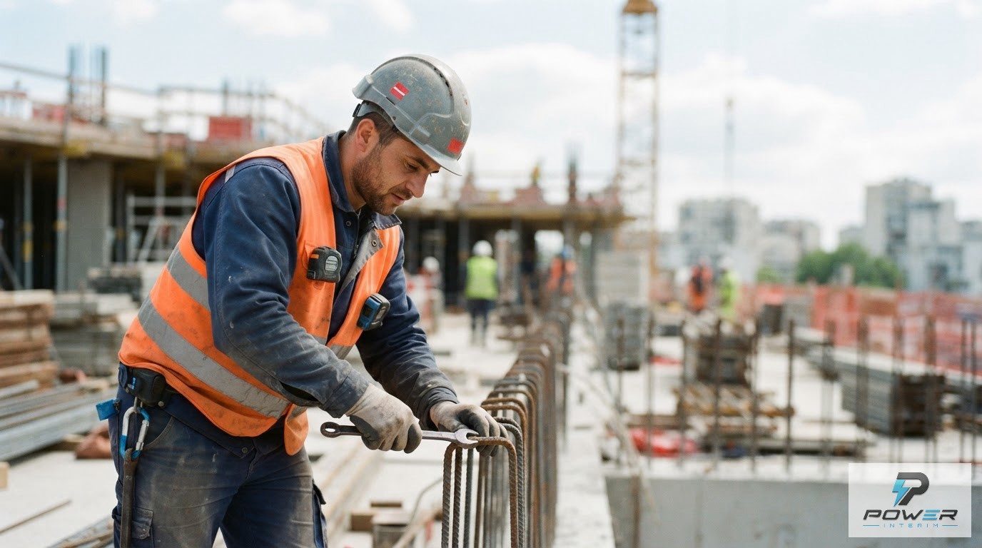 Ouvrier roumain équipé travaillant sur un chantier en France.