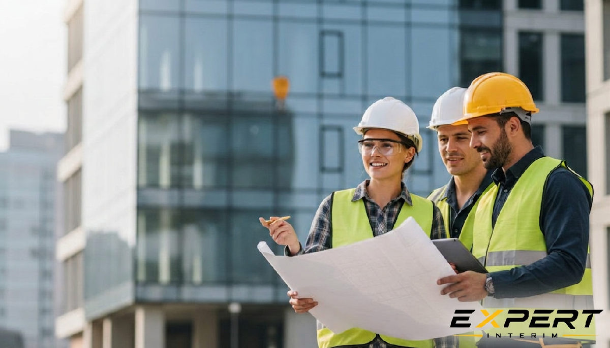 Ouvriers qualifiés sur un chantier moderne, succès du recrutement international.