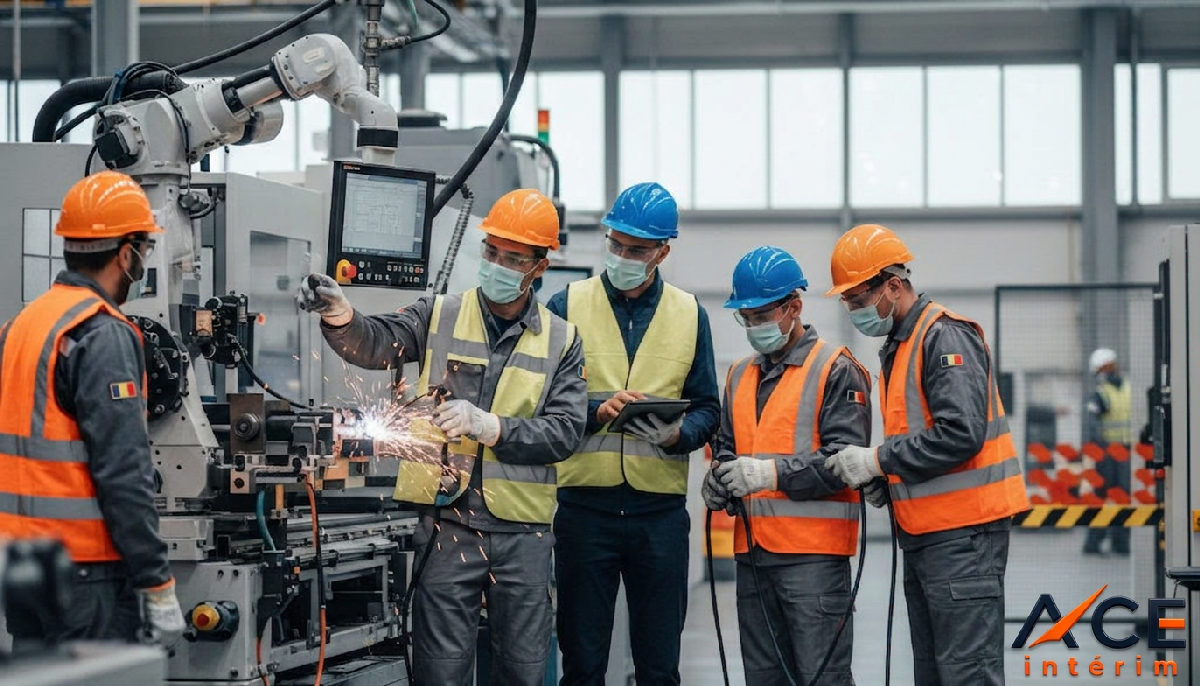 Travailleurs industriels, dont des Roumains, collaborent dans une usine française.