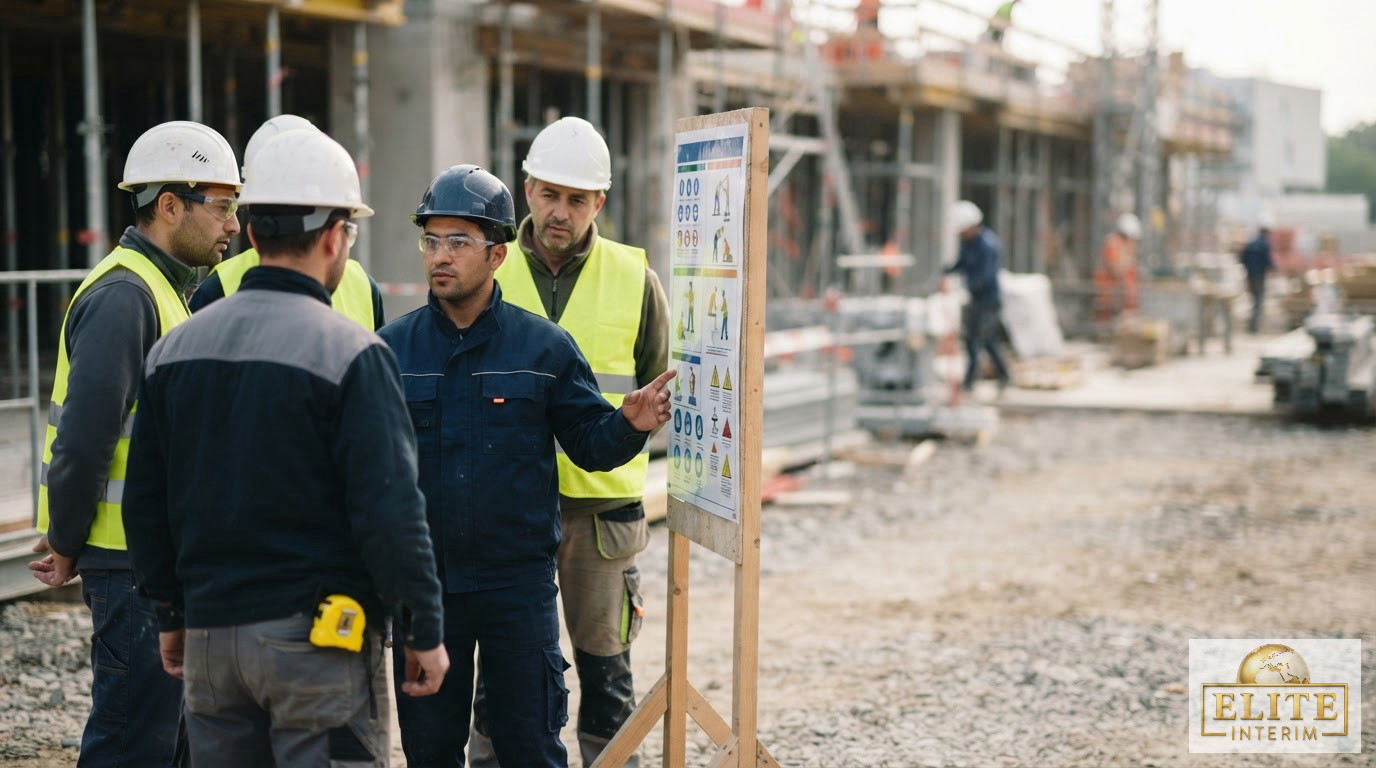 Réunion de sécurité sur un chantier utilisant des supports visuels.