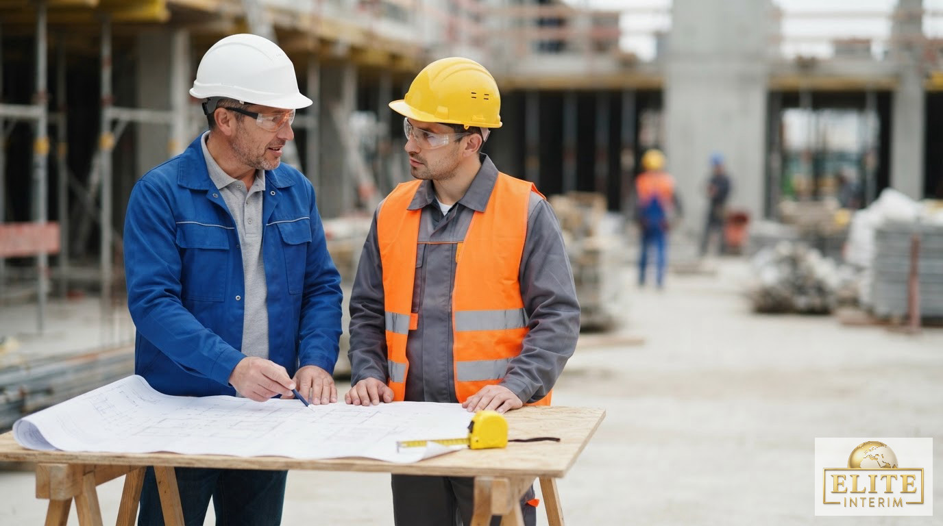 Un chef de chantier et un ouvrier roumain discutant sur plan.