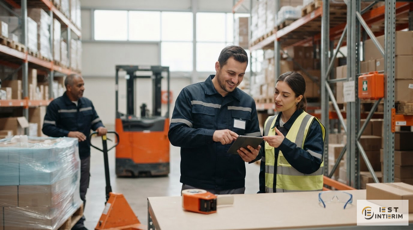 Équipe multiculturelle collaborant efficacement dans un entrepôt logistique moderne.