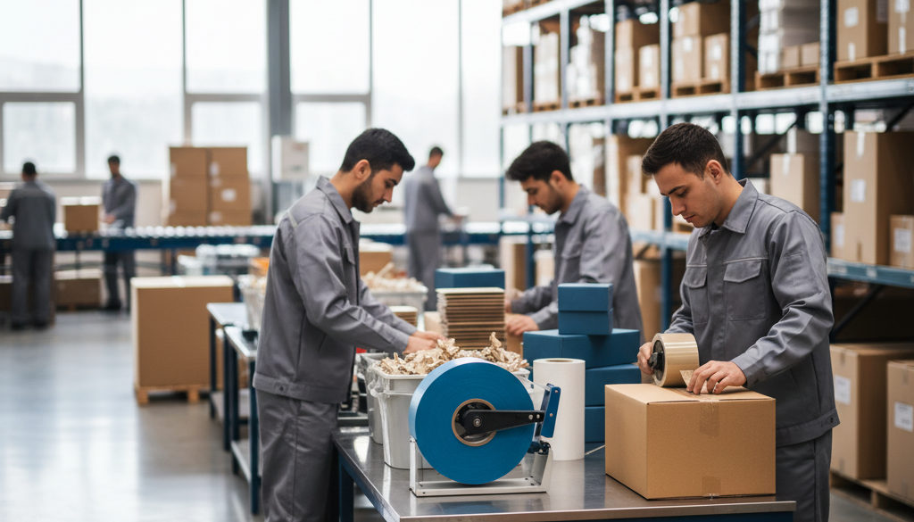 Angajați împachetând rapid colete cu materiale din stoc.