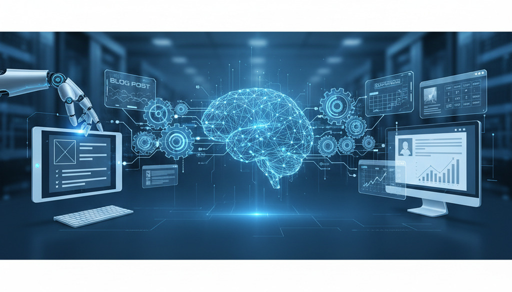 Abstract representation of AI automating the content creation process.