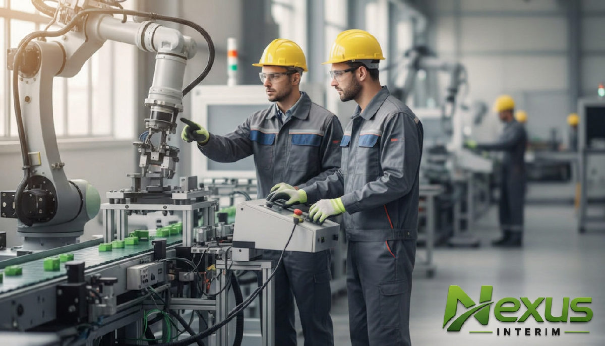 intérim industrie manufacture - Ouvriers intérimaires supervisant une ligne de production automatisée moderne.