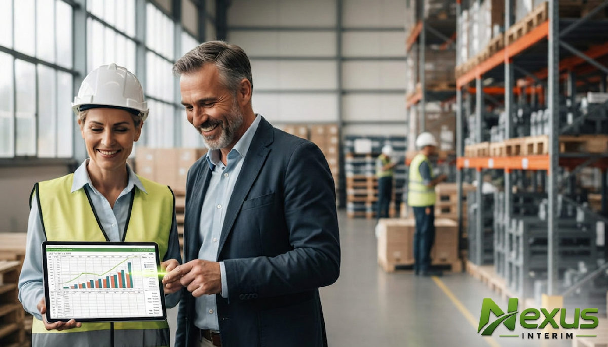 Responsables revoyant un planning de production sur une tablette.