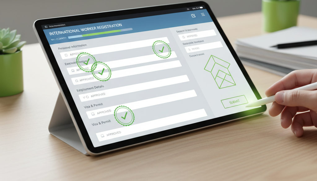 Interface numérique d'un portail gouvernemental pour travailleurs internationaux.
