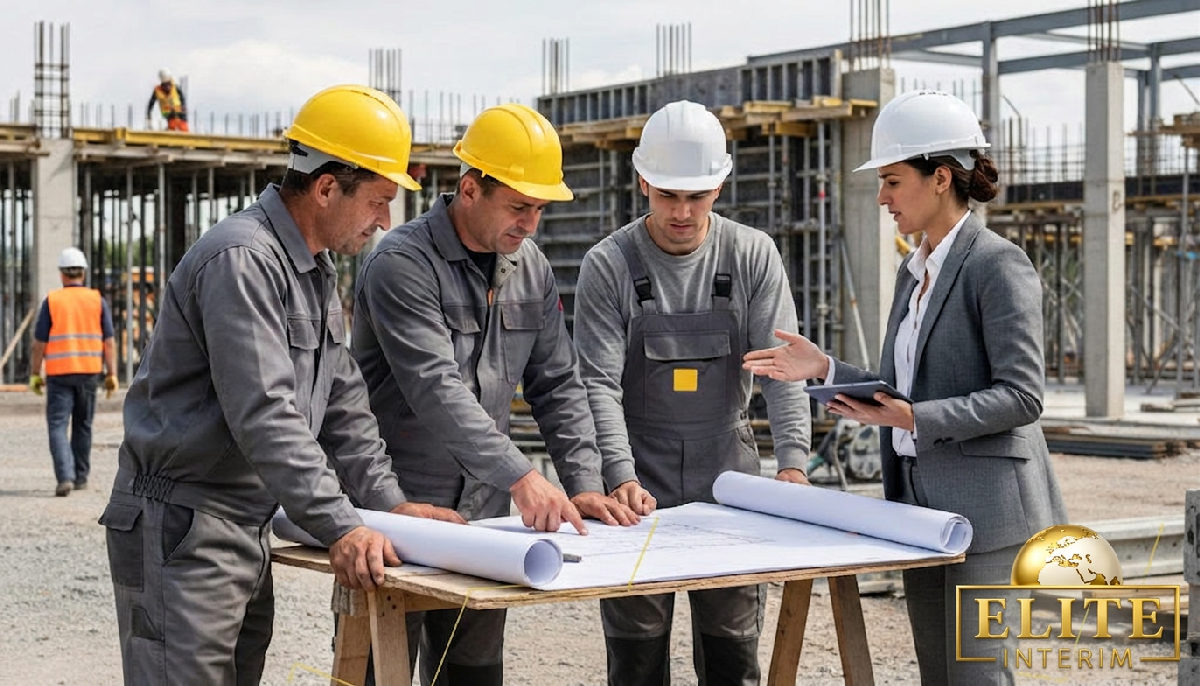 Travailleurs et superviseur discutent des plans sur un chantier.