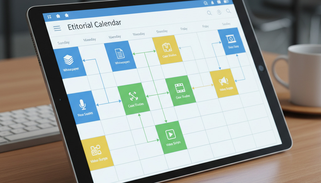 Digital editorial calendar showcasing diverse content types for planning.