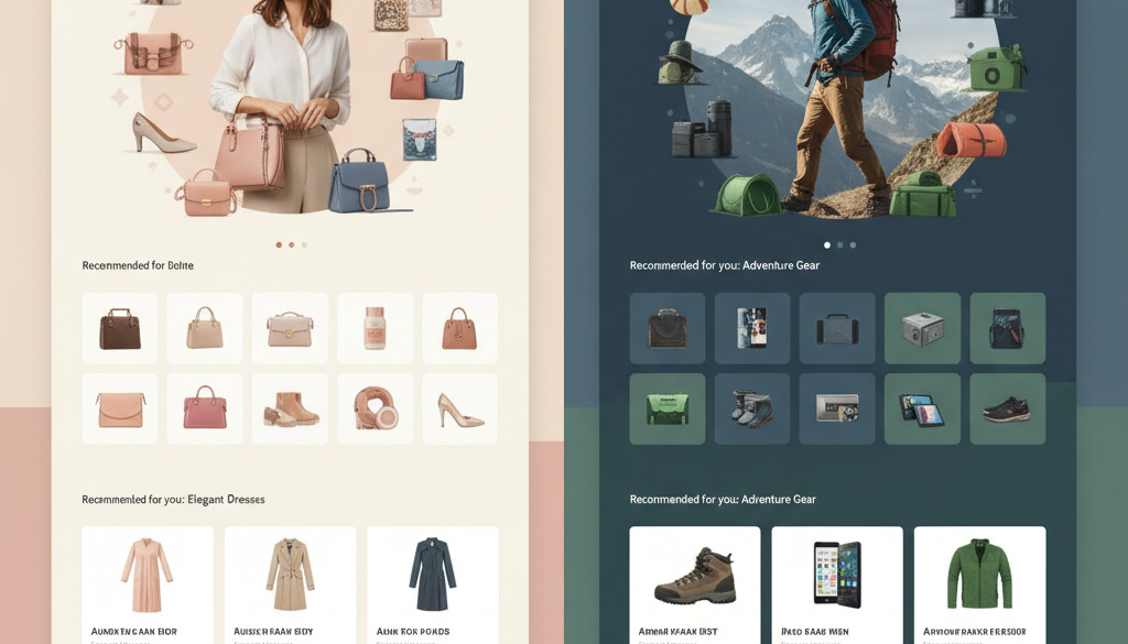 Split-screen showing personalized e-commerce homepages for different users.