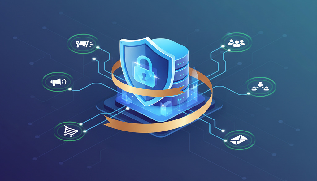 Illustration of secure data privacy and ethical marketing compliance with a shield over database.