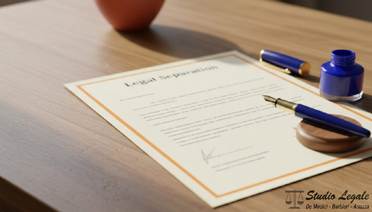 Documento di separazione consensuale con penna su scrivania di legno.