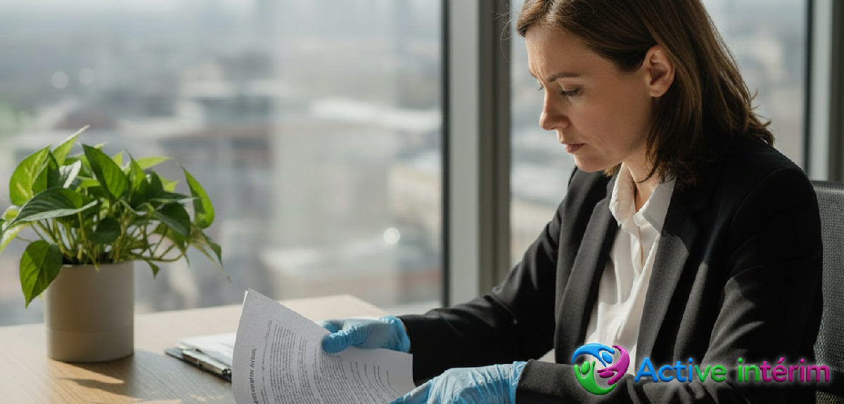 comment une agence intérim roumanie vérifie conformité - Inspecteur du travail vérifiant des documents sur la conformité d'une agence d'intérim roumaine.