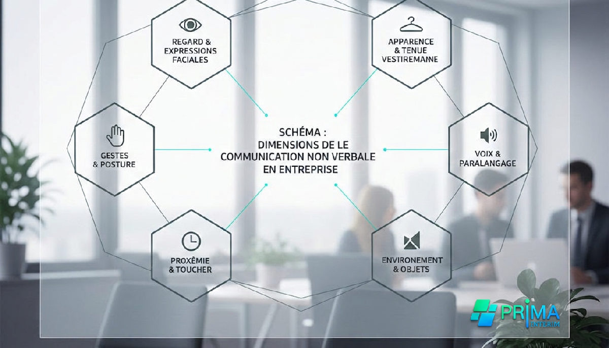 Schéma des dimensions de la communication non verbale en entreprise.