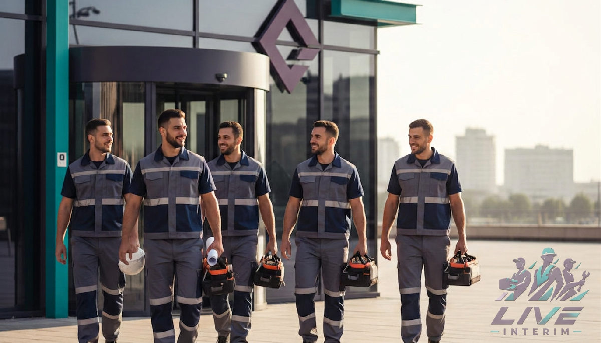 Groupe d'ouvriers roumains arrivant en entreprise française.