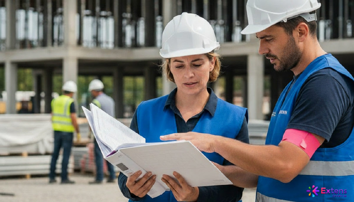 Agent de l'inspection du travail vérifiant un registre sur un chantier.