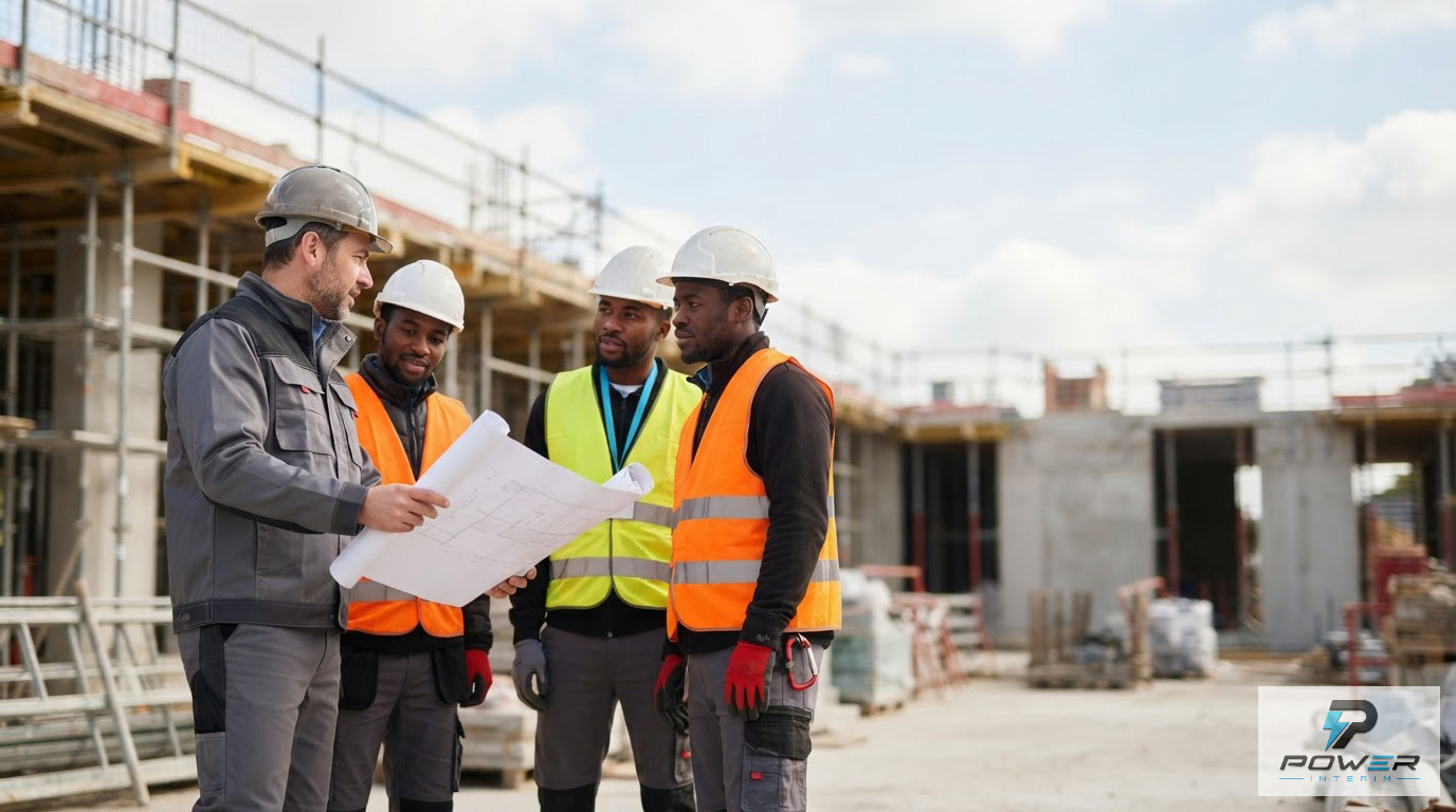 Un chef de chantier discutant des plans avec une équipe d'ouvriers détachés.